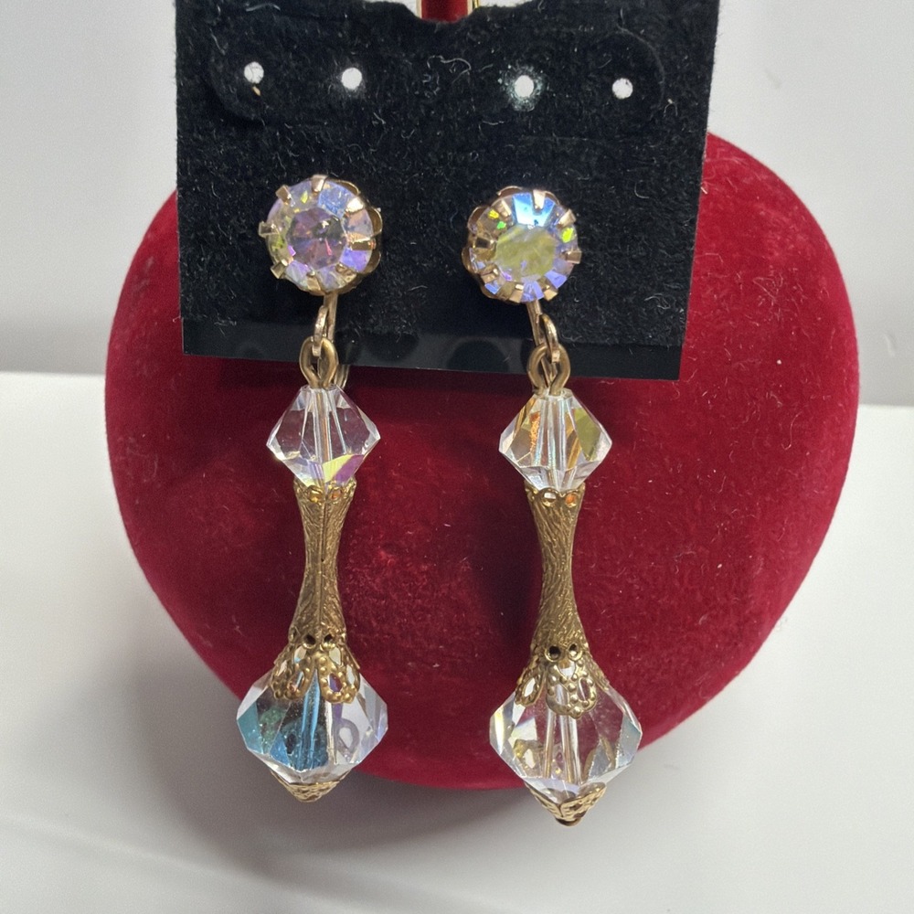 Vintage Aurora Borealis AB Crystal Beaded Gold Tone Clip On Dangle Earrings